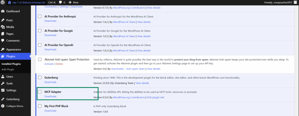 The MCP Adapter plugin showing as active in the WordPress plugins list