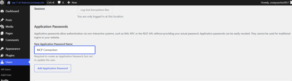 Creating an Application Password named MCP Connection in the WordPress user profile screen