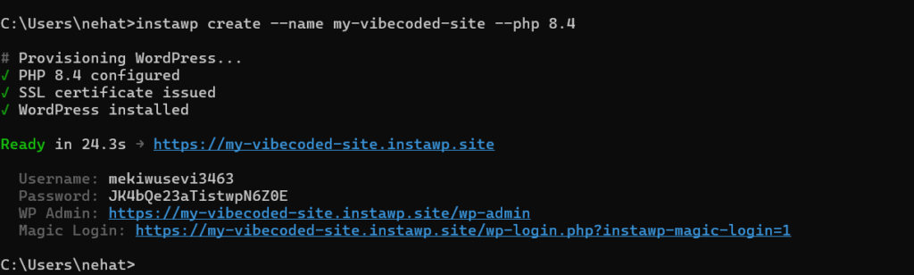 Create a test site using InstaWP CLI to vibe code a website