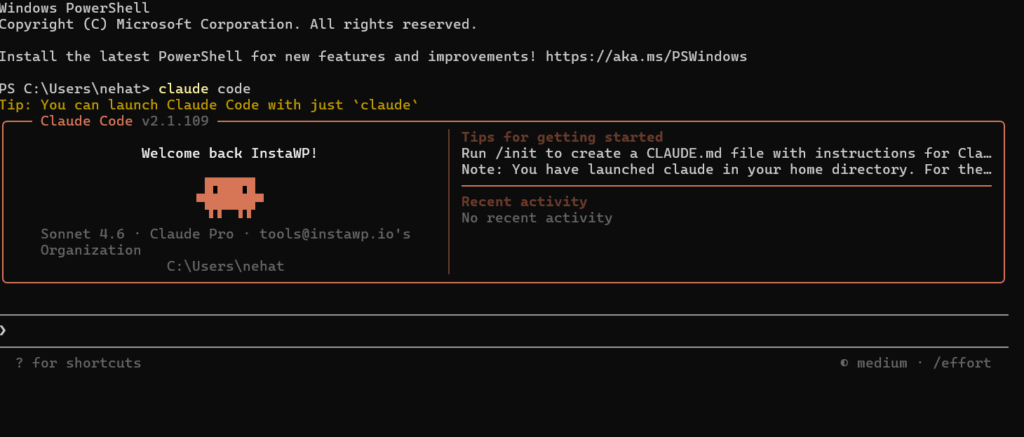 Open Claude Code to vibe code a website