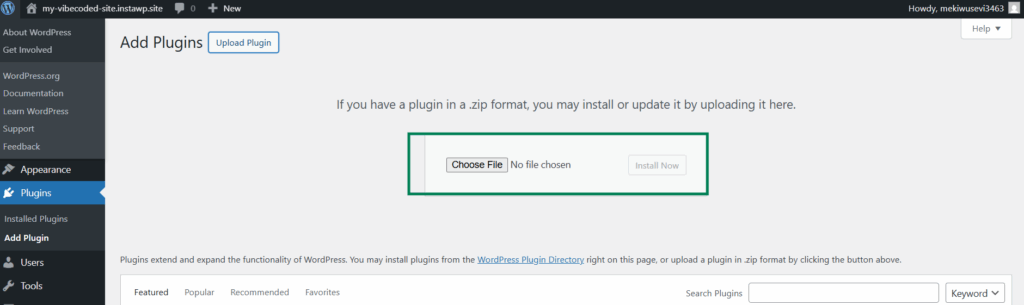 Upload the plugin to vibe code a website