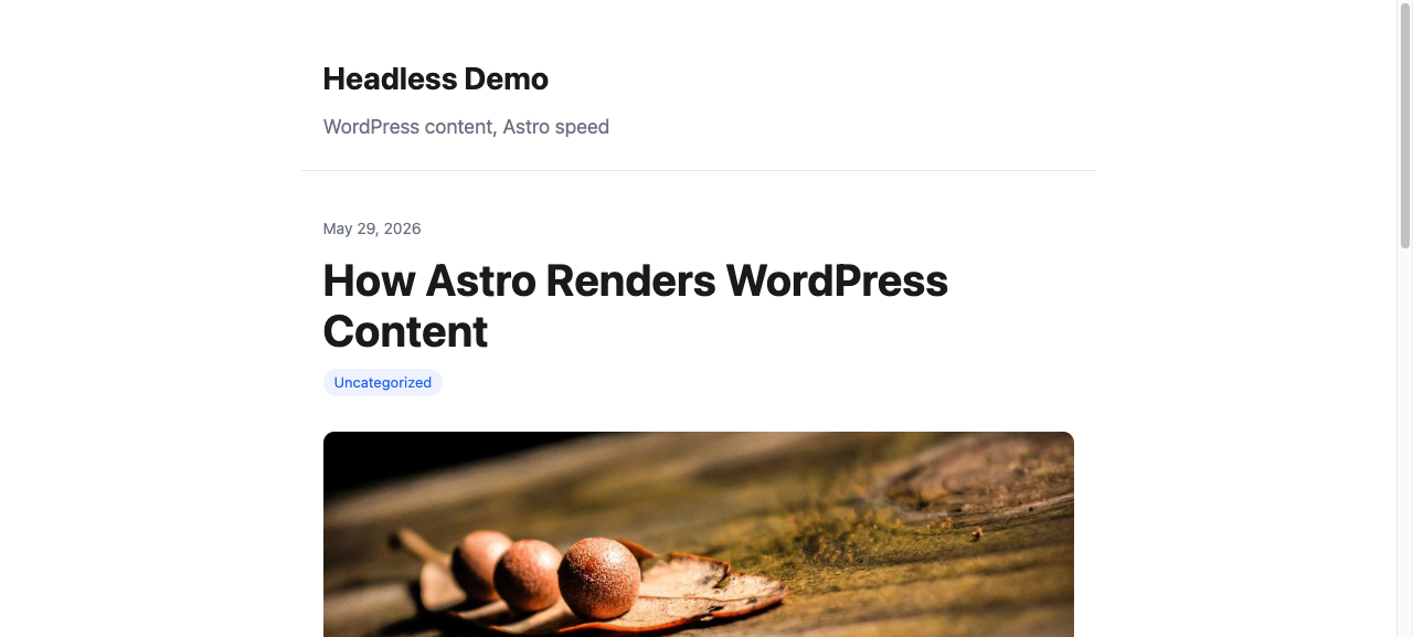A single blog post rendered by Astro from WordPress content, with title, date, and hero image