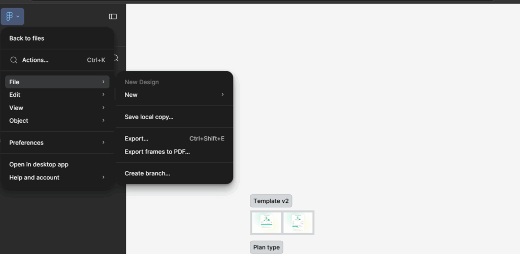 A Figma file with the File menu open on Save Local Copy, the step that produces the .fig file Claude Design reads