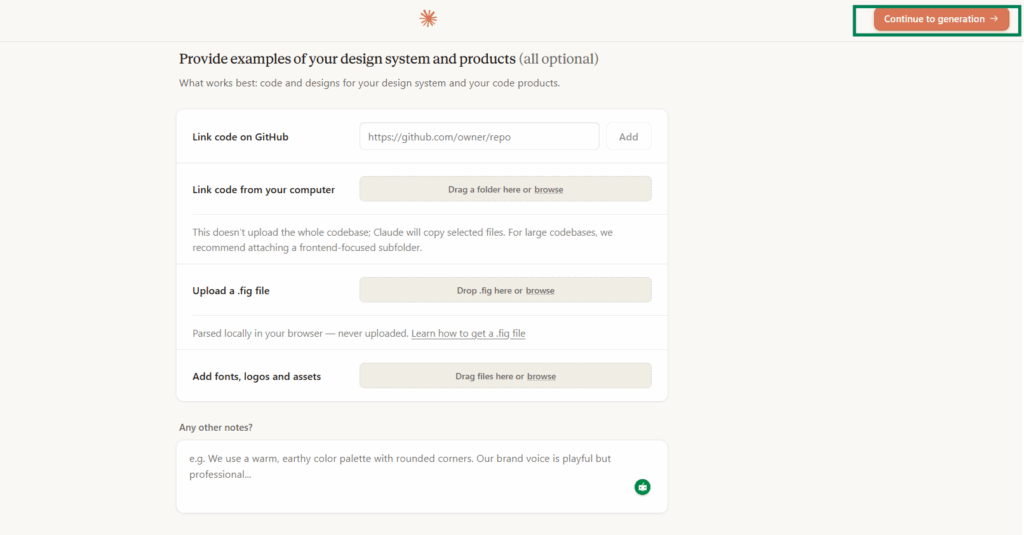 The Claude Design system finishing generation after the Figma file and brand assets have been uploaded