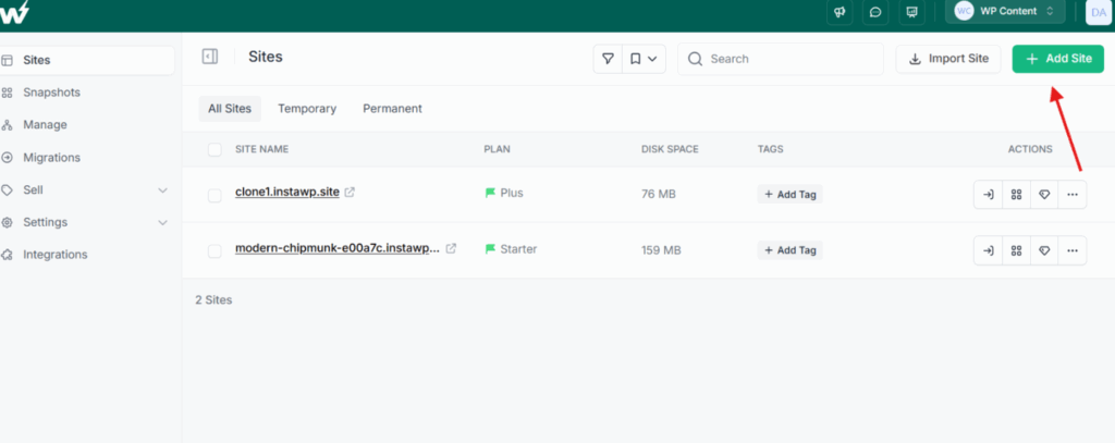 Creating a new WordPress sandbox site inside the InstaWP dashboard, with the site name and configuration fields filled in