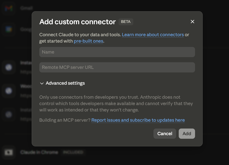 Claude Desktop settings open on the Connectors panel, with Add Custom Connector selected and the InstaWP MCP URL pasted in