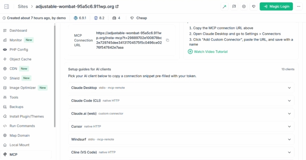 Connecting an AI client to a WordPress site with InstaMCP
