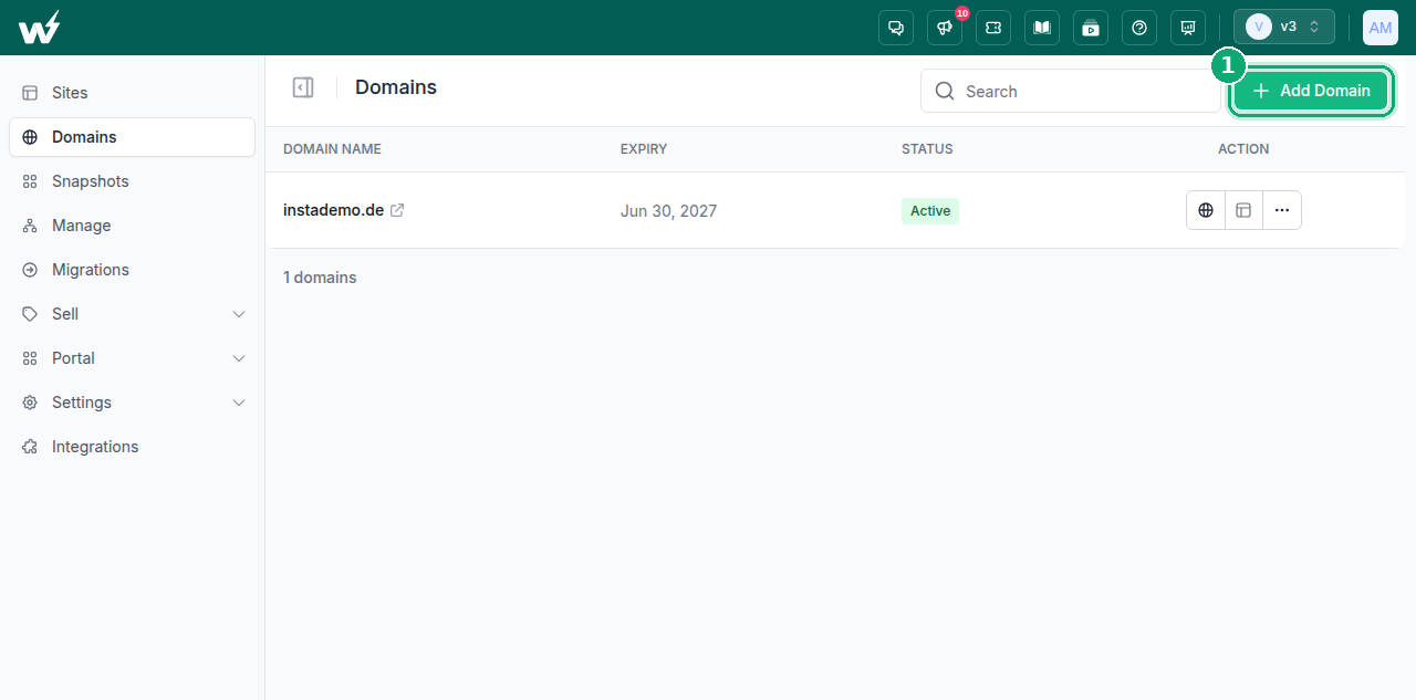 InstaWP dashboard Domains page with the plus Add Domain button in the top right, the starting point to transfer a domain name