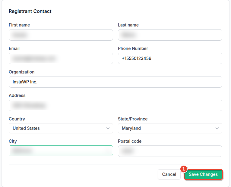 InstaWP registrant contact edit form used to confirm the domain owner name, email, phone and address that go into the WHOIS record during a domain transfer