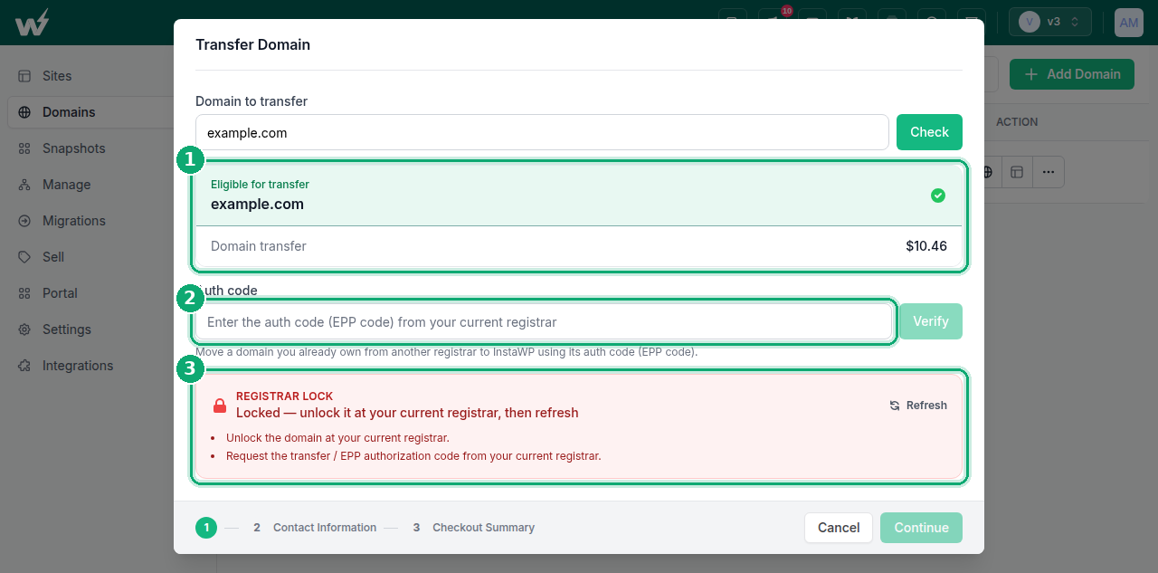 InstaWP Transfer Domain screen showing the eligible for transfer status, the one year transfer price, the EPP auth code field with Verify button, and the red registrar lock warning