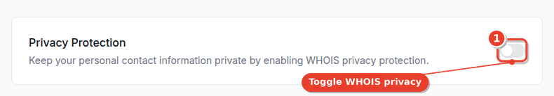 InstaWP privacy protection toggle that hides registrant contact details in the public WHOIS record after a domain transfer