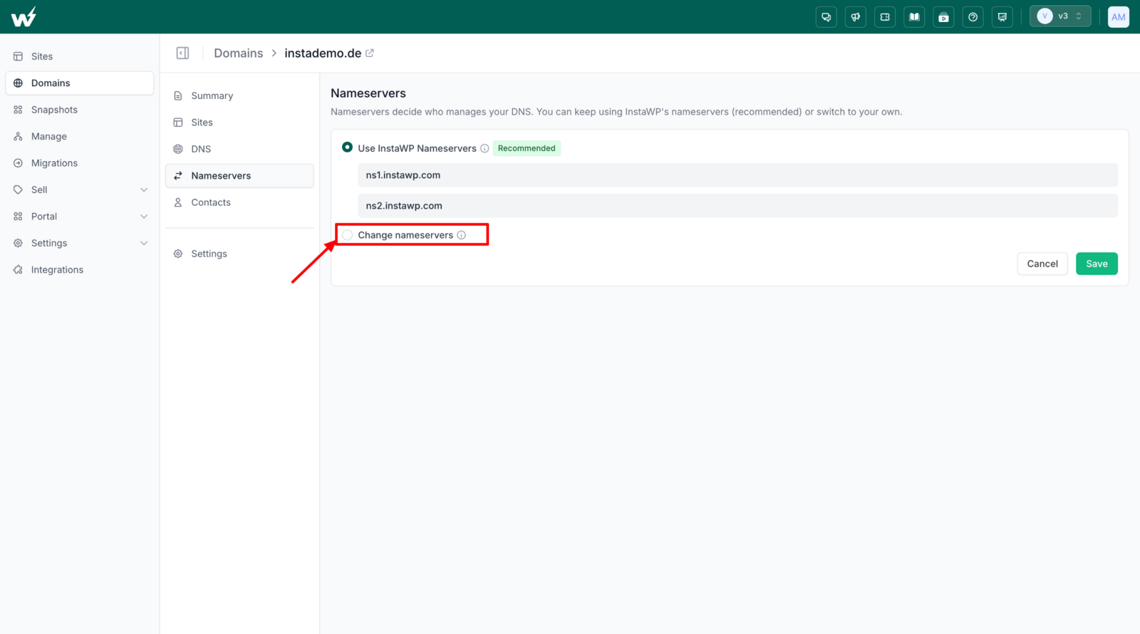InstaWP nameservers screen where you replace the current nameservers to transfer a domain name to a new host without moving the registration