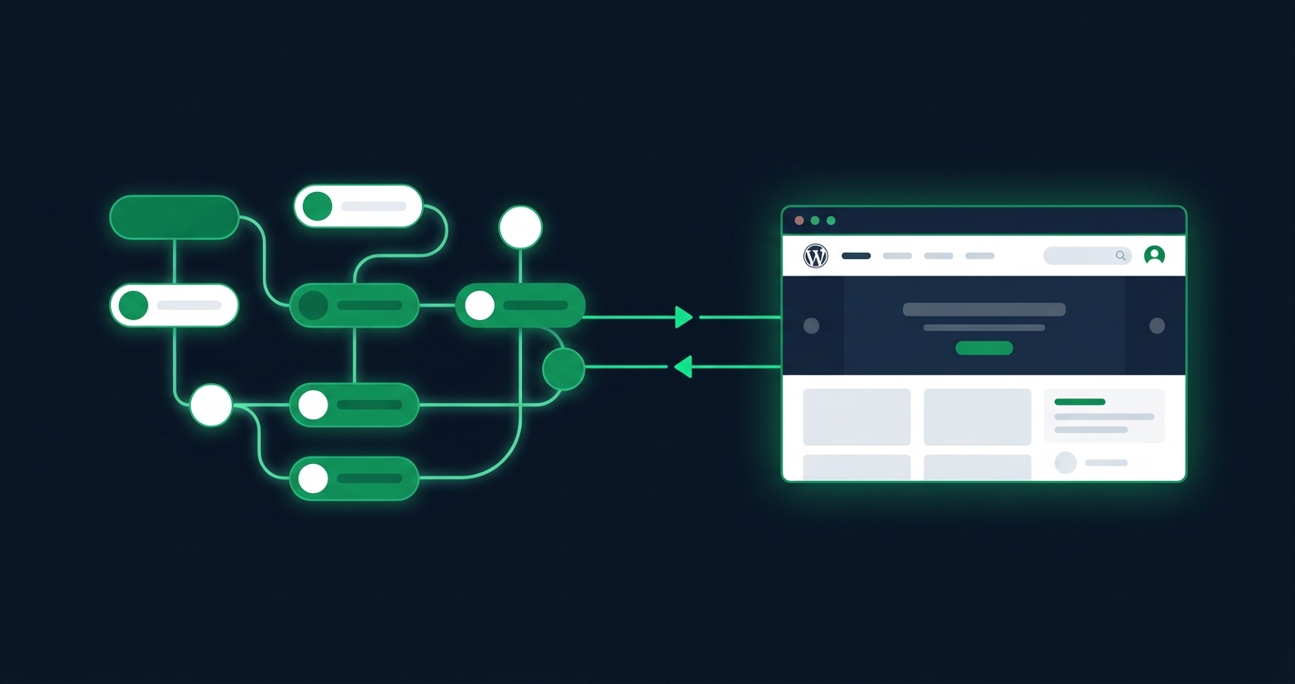 n8n visual workflow nodes connected by data-flow lines to a WordPress website, illustrating the n8n WordPress integration