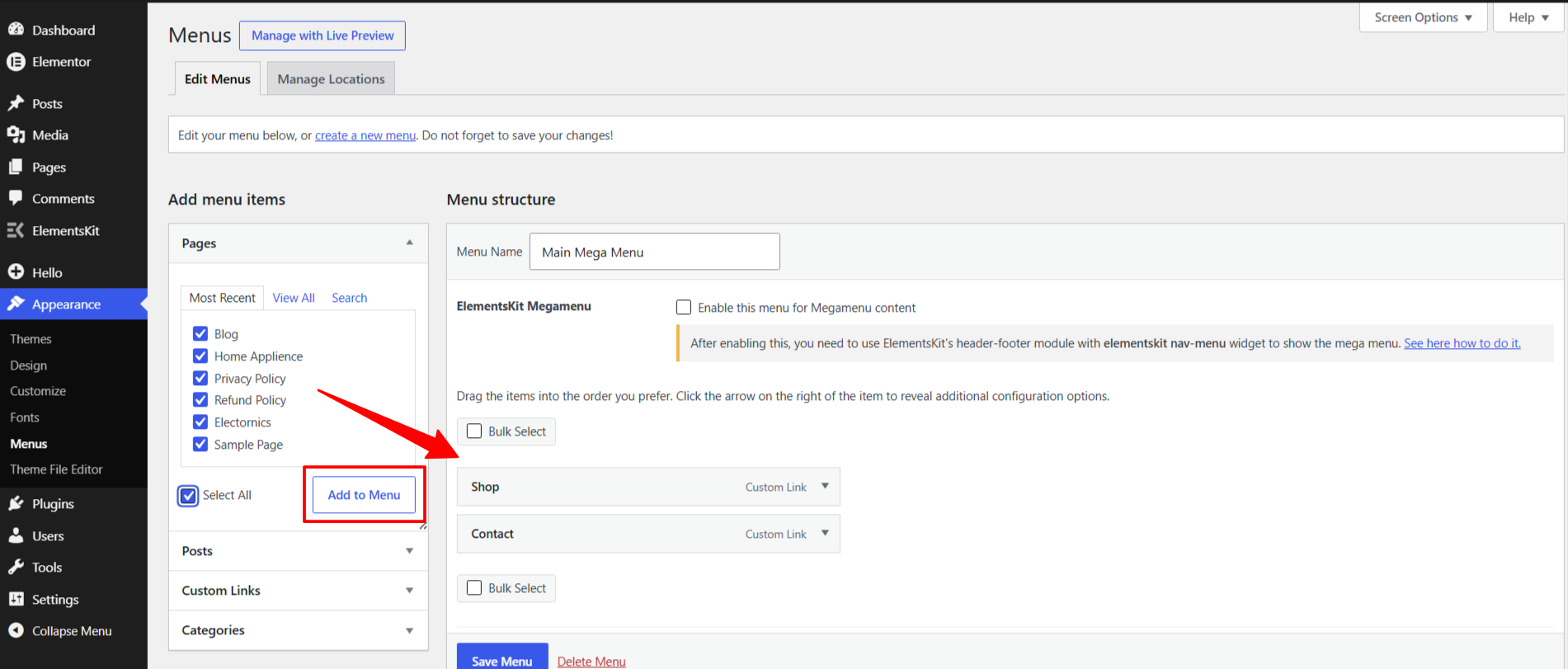 Adding pages to a WordPress menu from the Pages panel, with Select All ticked and the Add to Menu button highlighted beside the menu structure