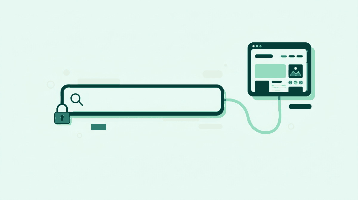 A domain search bar connected to a live WordPress site with an SSL padlock, illustrating buying a domain and launching a site on it