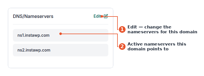 InstaWP domain summary DNS and nameservers card, used to point a domain to a new host after the transfer completes
