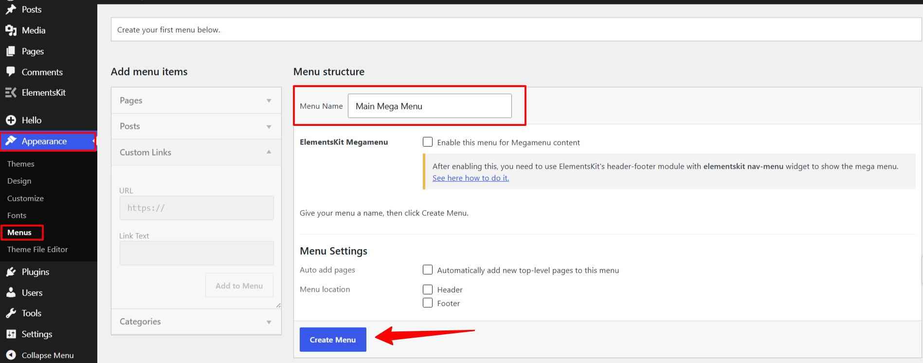 WordPress Appearance Menus screen with a new menu named Main Mega Menu typed into the Menu Name field and the Create Menu button highlighted