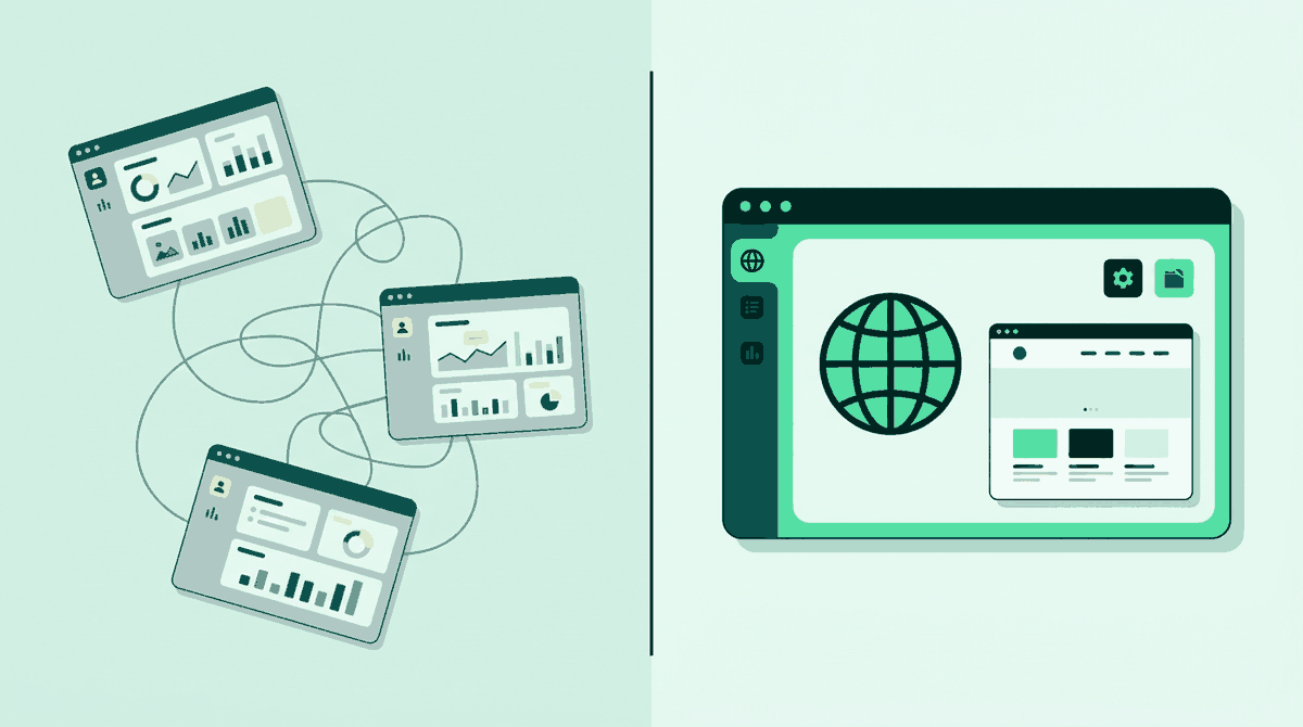 Three scattered dashboards for registrar, DNS and host versus a single unified InstaWP dashboard