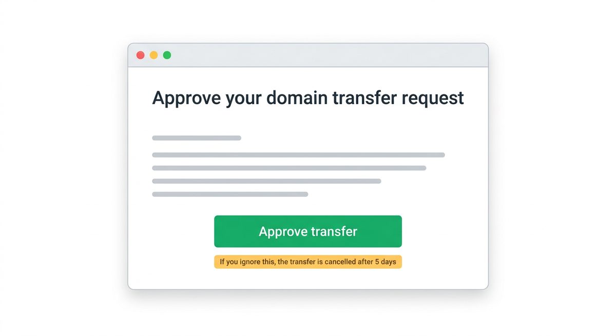 Illustration of the domain transfer authorization email with an approve transfer button and a warning that ignoring it cancels the transfer after five days