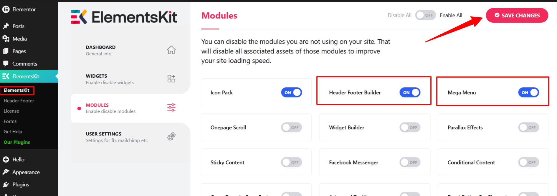 ElementsKit Modules screen in the WordPress dashboard with the Header Footer Builder and Mega Menu modules toggled on and the Save Changes button highlighted