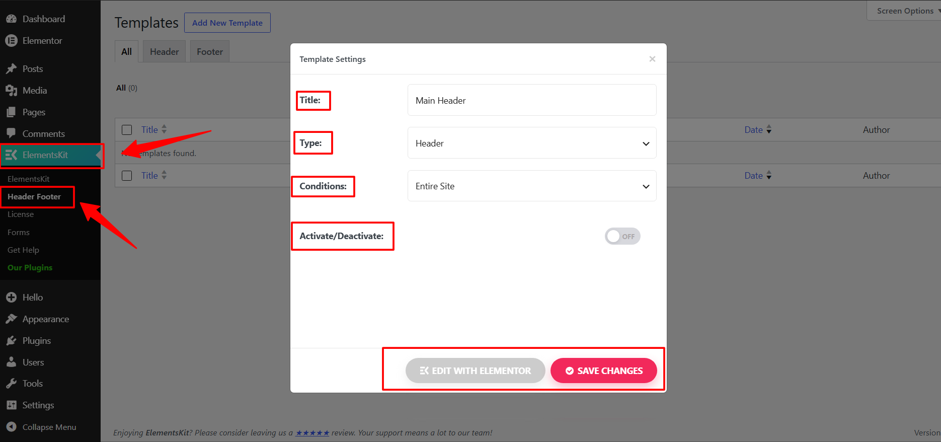 ElementsKit Header Footer template settings creating a template titled Main Header with the type set to Header and the display condition set to Entire Site