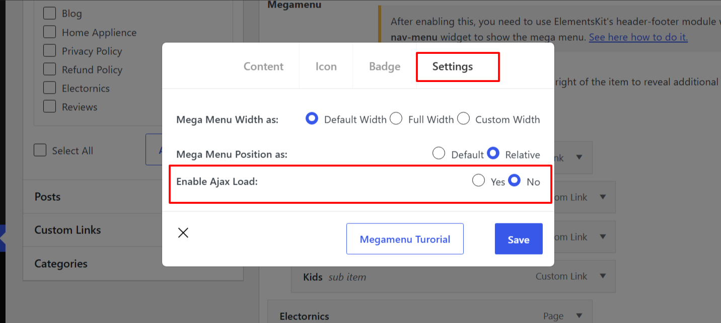 Settings tab of the ElementsKit mega menu popup showing Mega Menu Width, Mega Menu Position and the Enable Ajax Load option highlighted