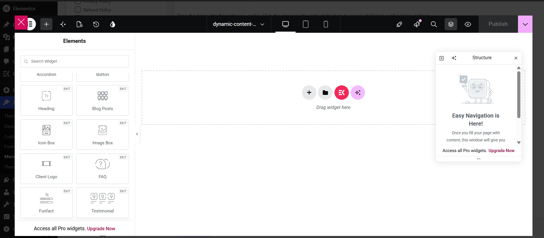 Empty ElementsKit mega menu canvas open in the Elementor editor with the Elements widget panel showing Heading, Icon Box and Image Box widgets on the left