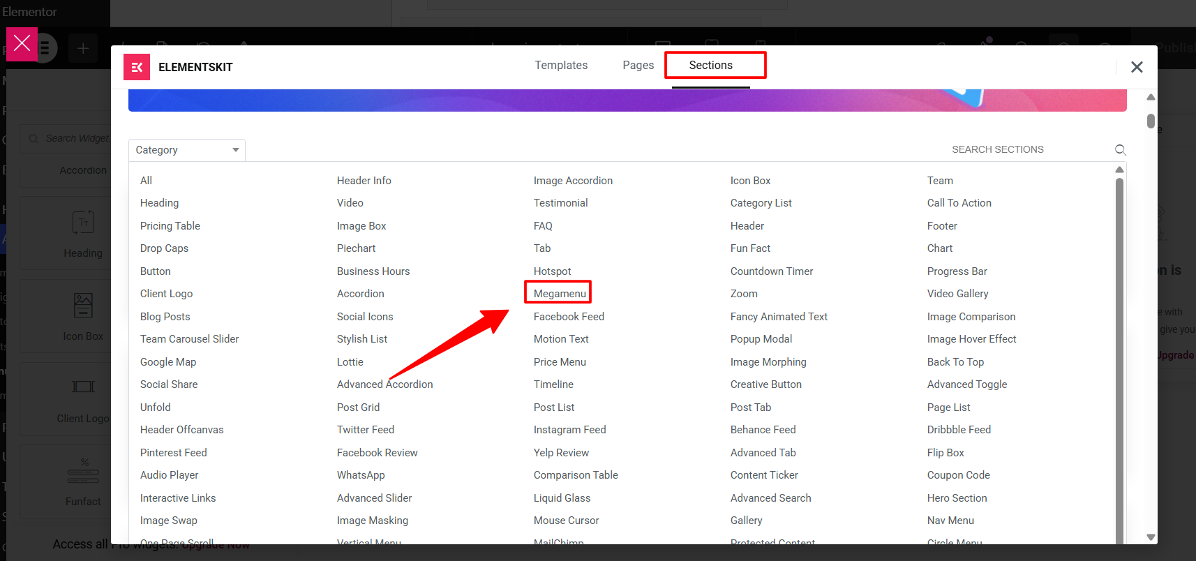 ElementsKit template library open on the Sections tab with the Megamenu category highlighted in the list of ready made section templates