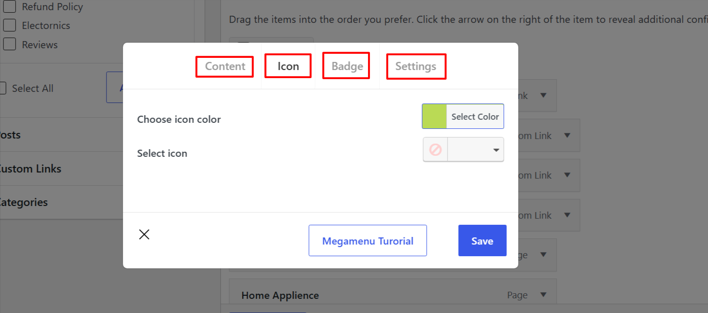 Icon tab of the ElementsKit menu item settings popup showing the icon colour picker and the Select icon dropdown