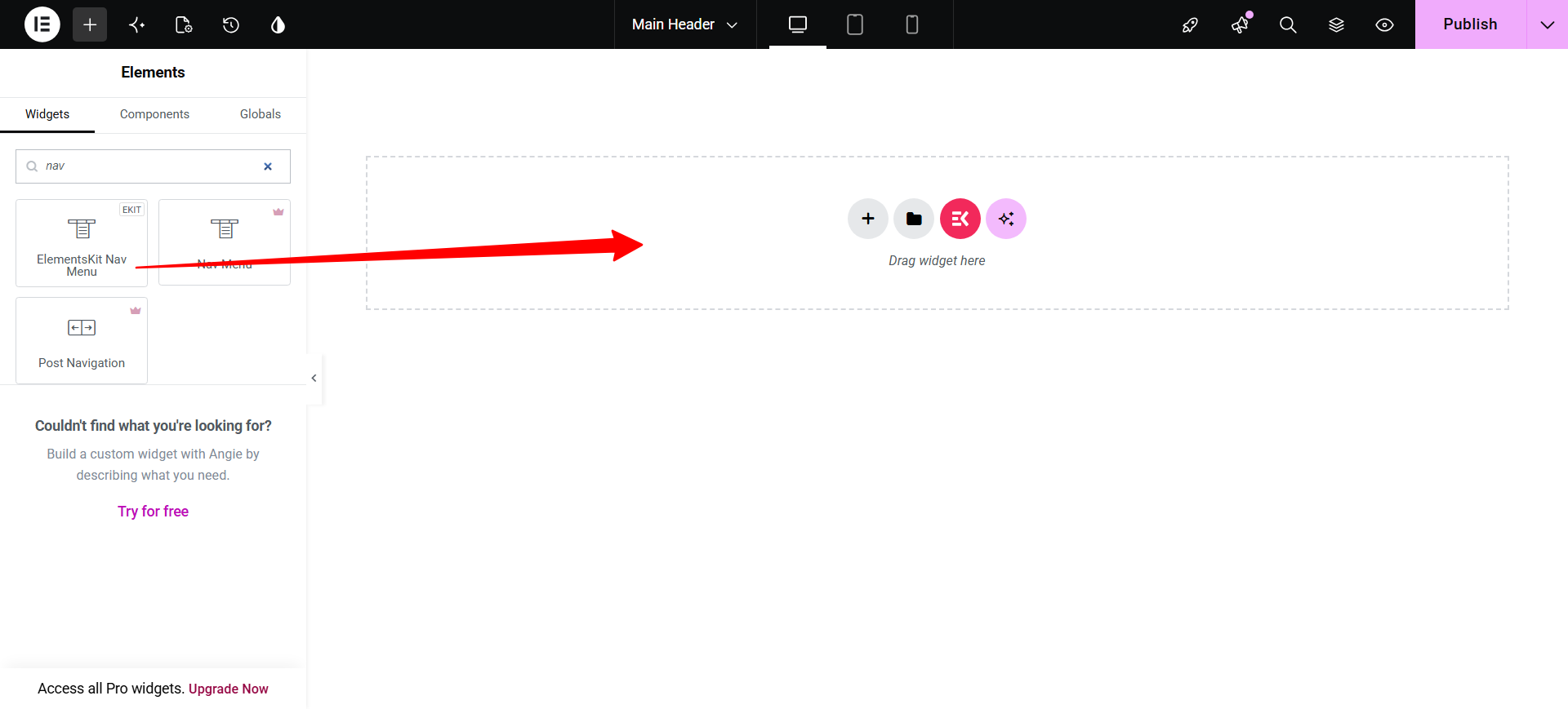 Searching for nav in the Elementor widget panel of a header template to find and drag in the ElementsKit Nav Menu widget