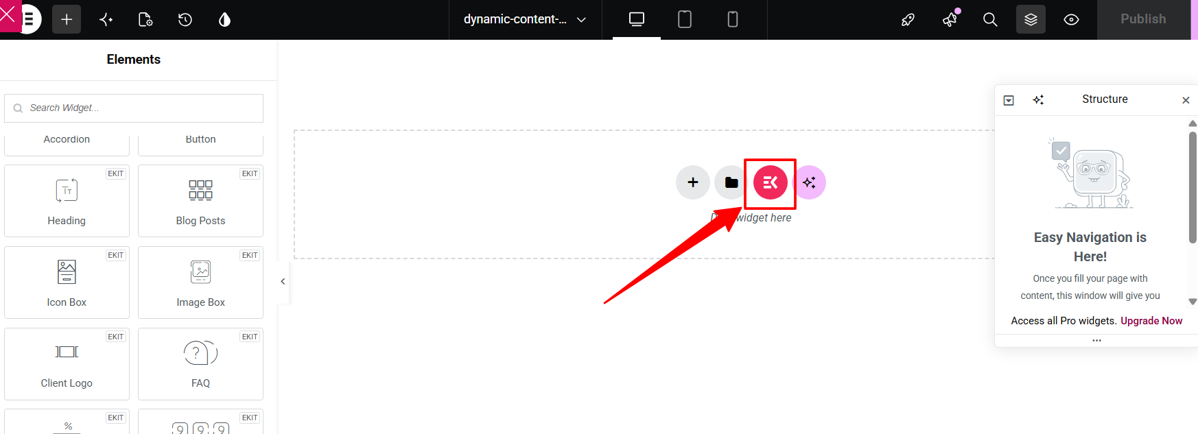 The pink ElementsKit template library icon highlighted among the add widget buttons in the middle of the Elementor mega menu canvas