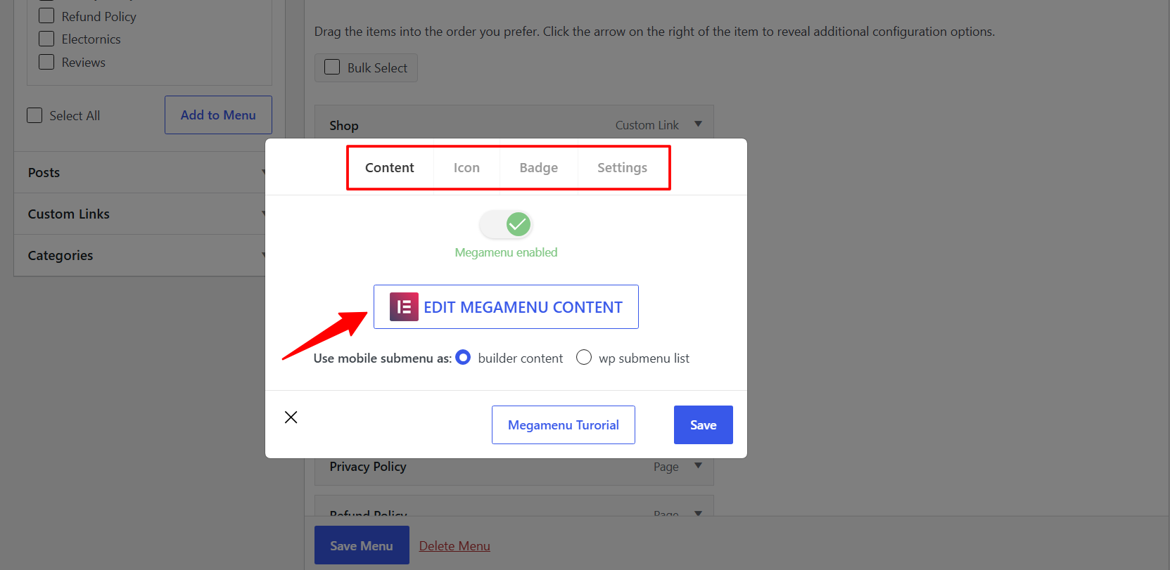 ElementsKit mega menu settings popup with the Megamenu enabled toggle switched on and the Edit Megamenu Content button below it