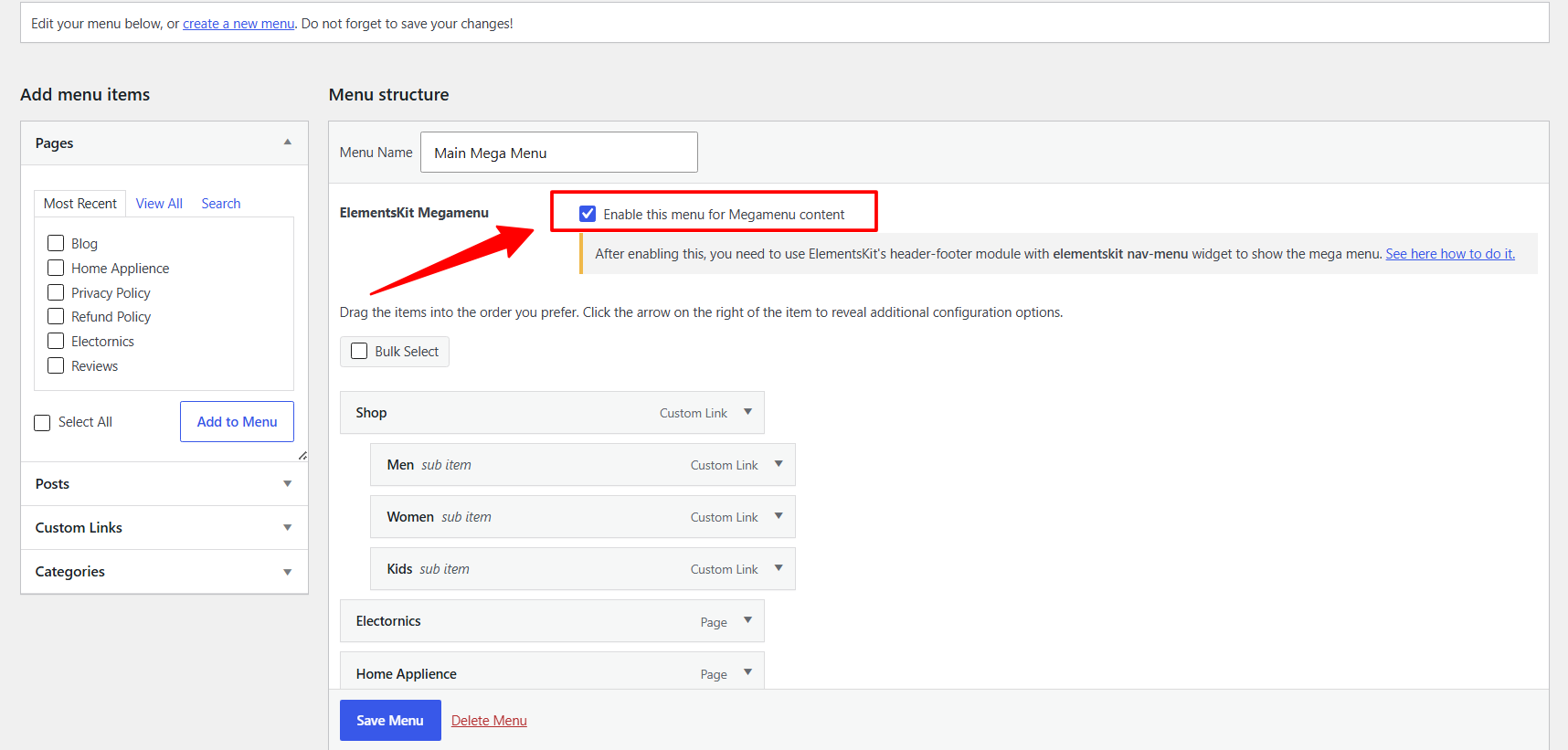 The Enable this menu for Megamenu content checkbox ticked on the WordPress Menus screen, which switches on the ElementsKit mega menu controls for that menu