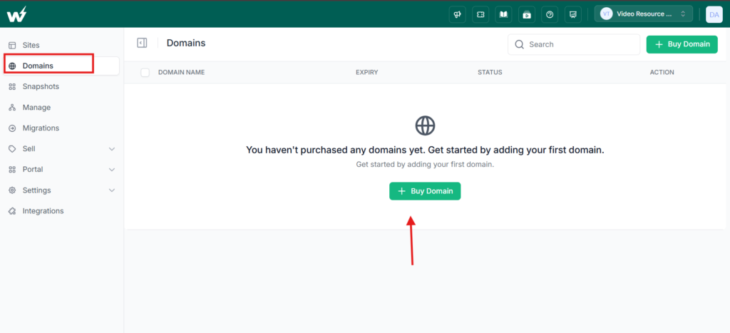 The Domains page in the InstaWP dashboard showing the empty state and the + Buy Domain button