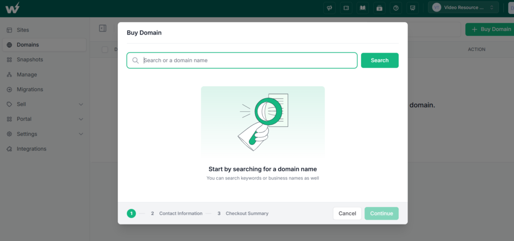 The Buy Domain dialog in InstaWP with the field to search for a domain name