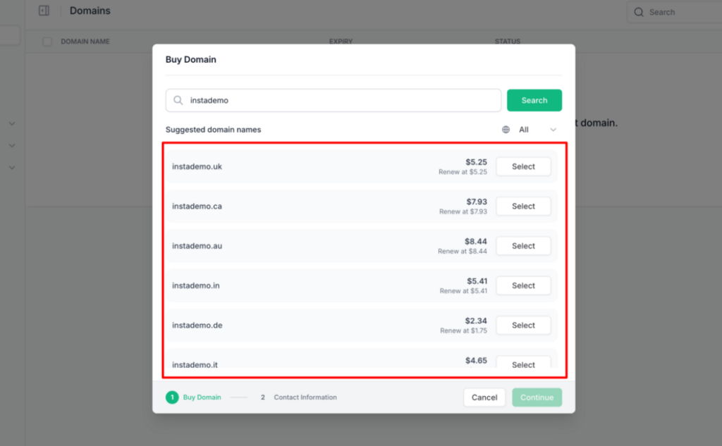 InstaWP domain search results listing suggested domain names across different extensions with their registration and renewal prices