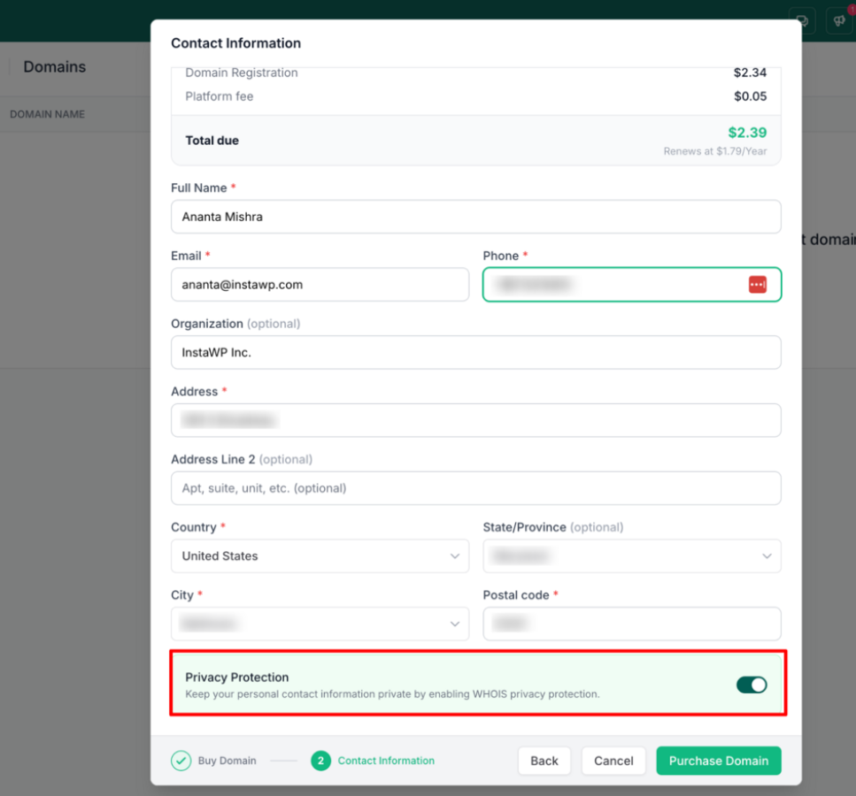 The Privacy Protection toggle switched on at the bottom of the InstaWP domain contact information form