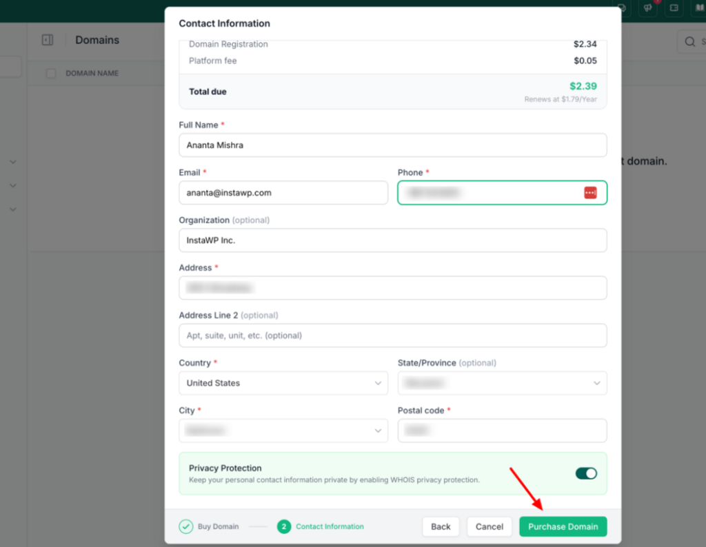 Clicking Purchase Domain in InstaWP to complete the domain registration