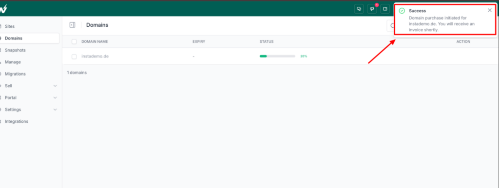A newly purchased domain appearing in the InstaWP Domains list while its registration is being processed
