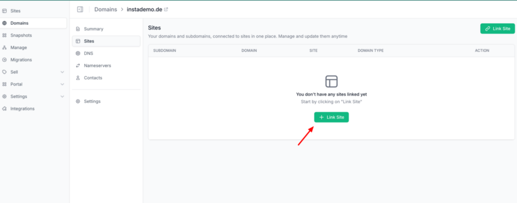 The Sites tab of an InstaWP domain, where the Link Site button connects the domain to a WordPress site