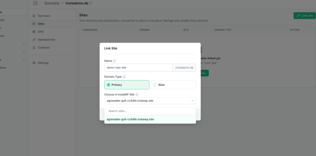 The Link Site modal in InstaWP with the subdomain name, the Primary or Alias domain type, and the InstaWP site picker