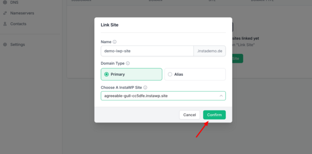 Confirming the Link Site modal to connect a subdomain to an InstaWP WordPress site
