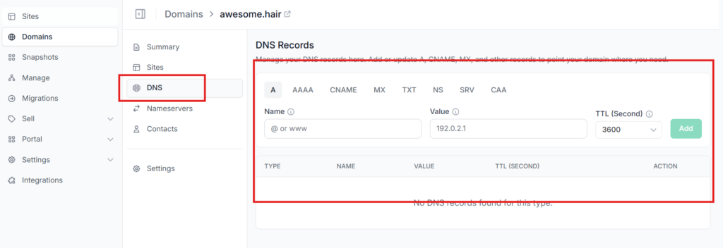 The DNS Records tab of an InstaWP domain, with tabs for A, AAAA, CNAME, MX, TXT, NS, SRV and CAA records and the fields to add a record