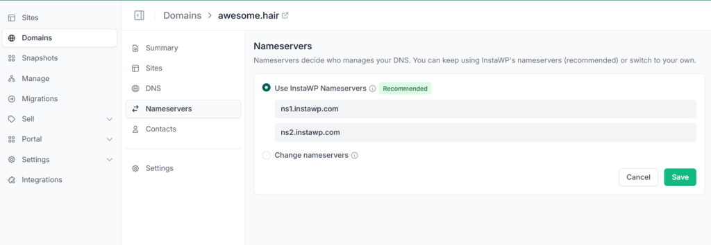 The Nameservers tab of an InstaWP domain, set to use the recommended InstaWP nameservers with the option to change them