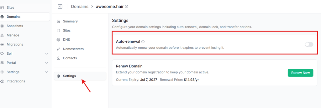The Auto-renewal toggle on the Settings page of an InstaWP domain