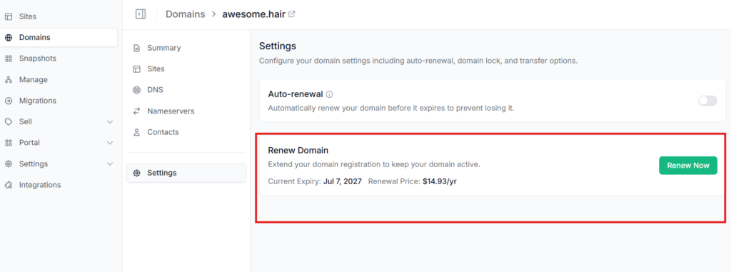 The Renew Domain section of an InstaWP domain, showing the current expiry date, the renewal price and the Renew Now button
