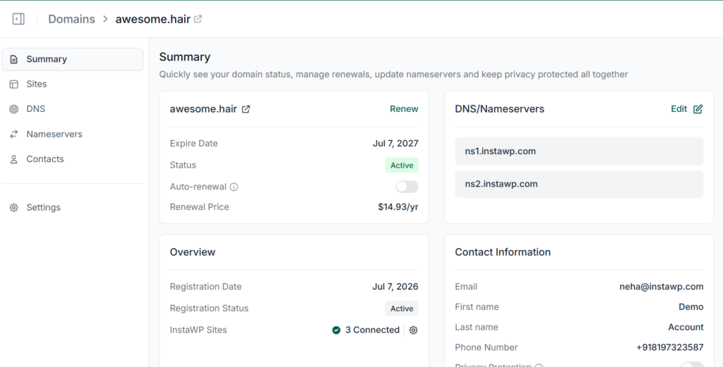 The Summary page of an InstaWP domain showing expiry, status, auto-renewal, nameservers, registration details and the WHOIS contact