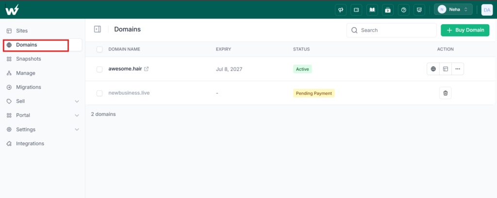 The Domains list in the InstaWP dashboard showing a registered domain ready to link to a WordPress site