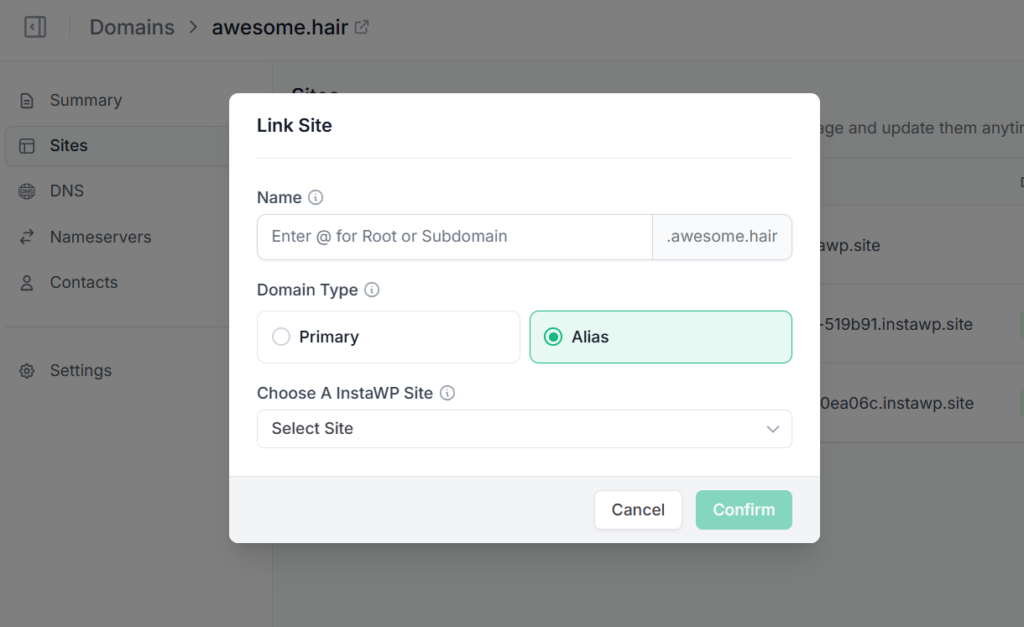 The Link Site dialog in InstaWP, choosing a www subdomain, Primary or Alias, and the target WordPress site