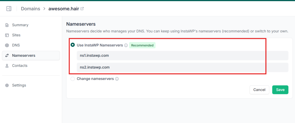 The Nameservers tab of an InstaWP domain showing ns1.instawp.com and ns2.instawp.com